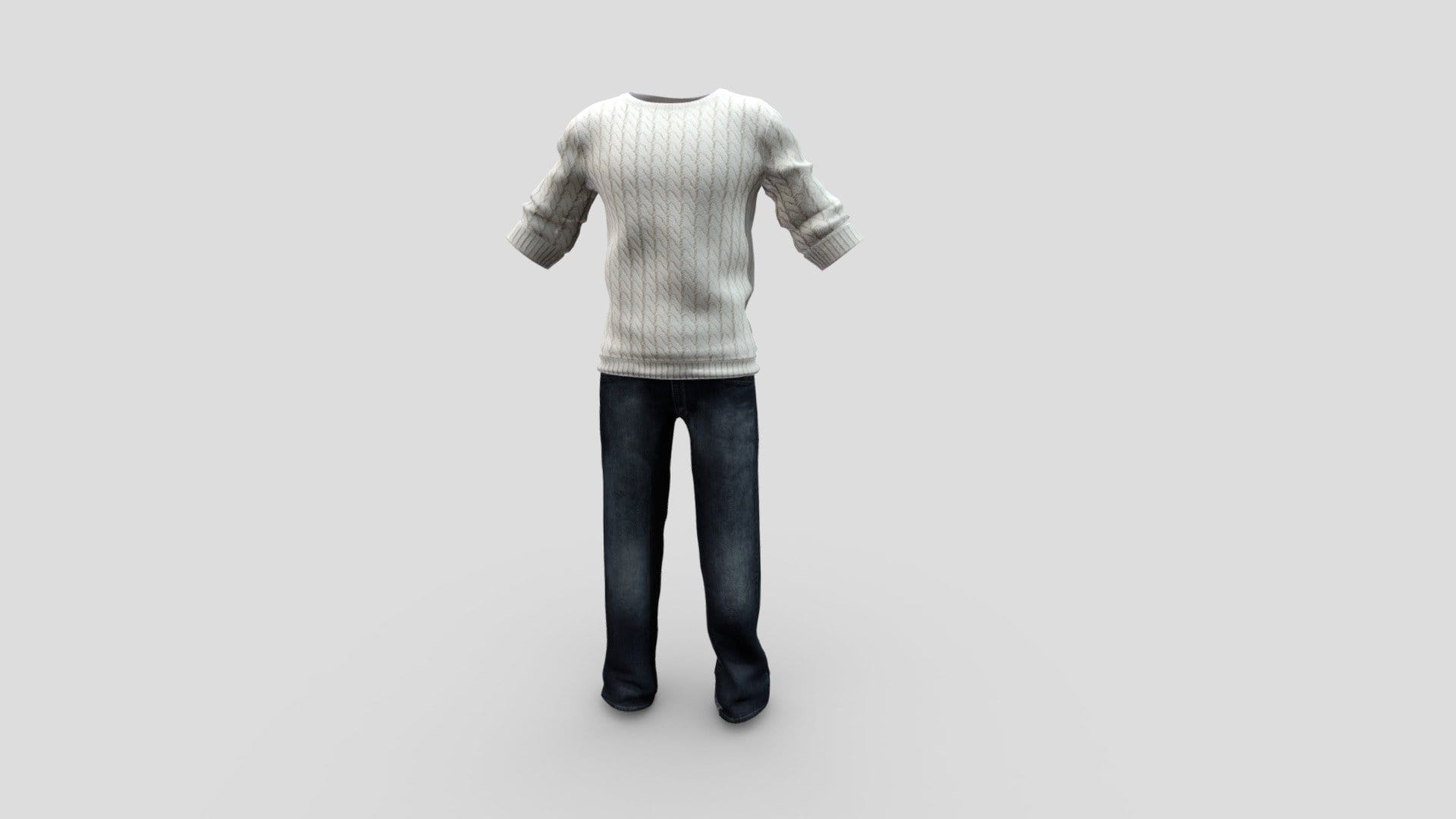 Male Round Neck Knit Sweater Denim Pants Outfit