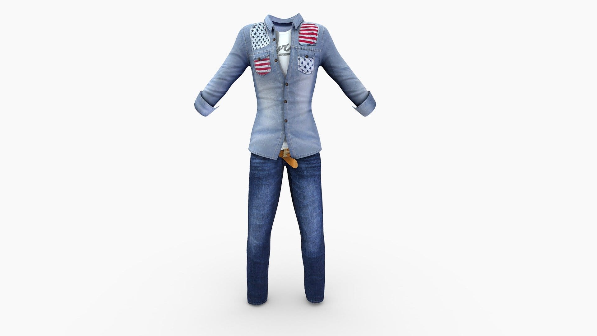 Mens Open Belt Denims Patchwork Shirt w Tshirt