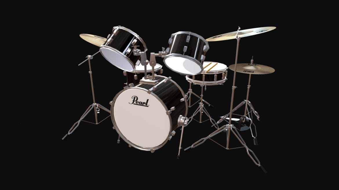 Bateria Pearl 3d Model - High-detail Bateria Pearl drum kit 3D model showcasing cymbals, toms, snare, and bass drum.
