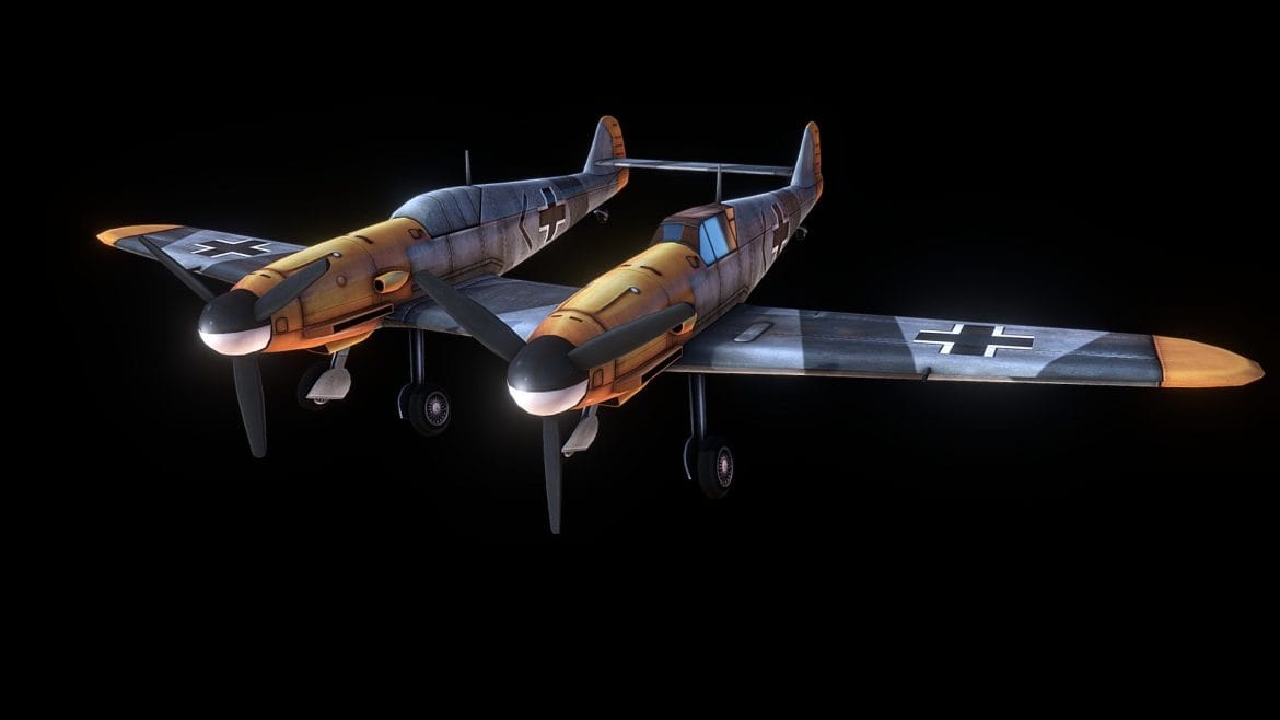 Bf 109z Fighter 3d Model - High-detail 3D model of the experimental German WWII Bf 109Z Zwilling twin-fuselage fighter aircraft in OBJ and FBX formats.