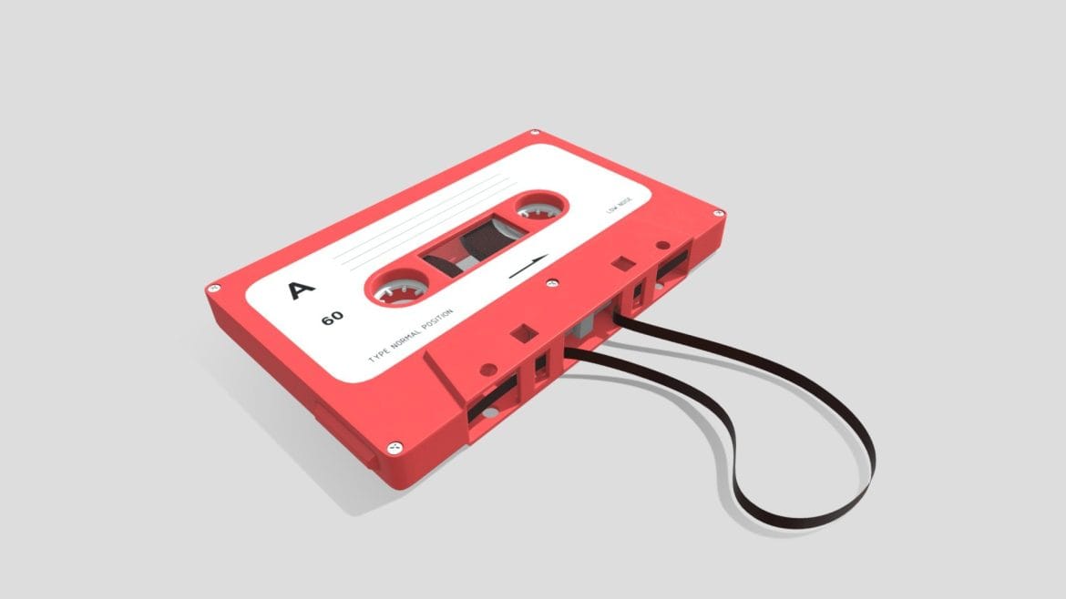 Vintage Audio Cassette 3d Model - Close-up render of a vintage 80s audio cassette 3D model with realistic plastic textures and internal tape reels.