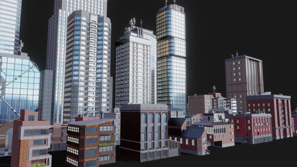City Asset Pack 3d Model - A collection of 32 PBR city buildings with 4K textures for urban environment design.