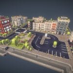 Cartoony City Set 3d Model - A modular cartoony city set 3d model showcasing various street tiles, buildings, canals, and park systems, ready for urban environment creation.