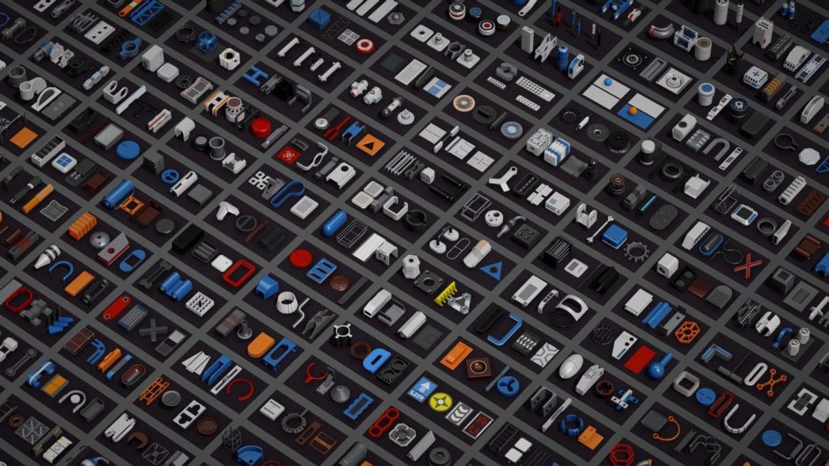 Futuristic Parts Kit 3d Model - A collection of 950 futuristic 3D parts and objects for sci-fi kitbashing in Blender.