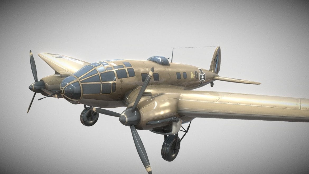 Heinkel 111 Bomber 3d Model - Hand-painted Heinkel He 111 German bomber 3D model, perfect for historical WWII games and VR experiences.