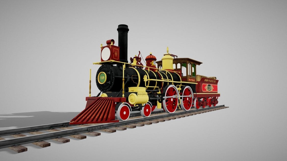 Union Steam Train 3d Model - Highly detailed 3D model of the Union Pacific 119 steam train from 1868, showcasing historical accuracy and intricate engineering.