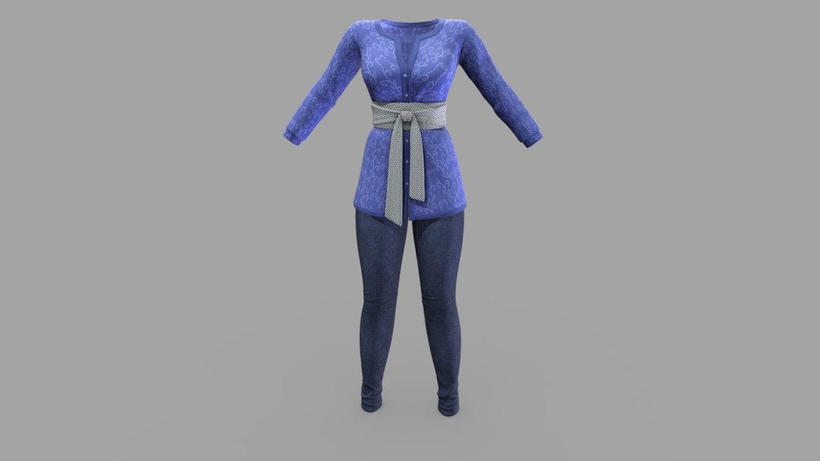 blue wrapped waist top jeans outfit 3d model