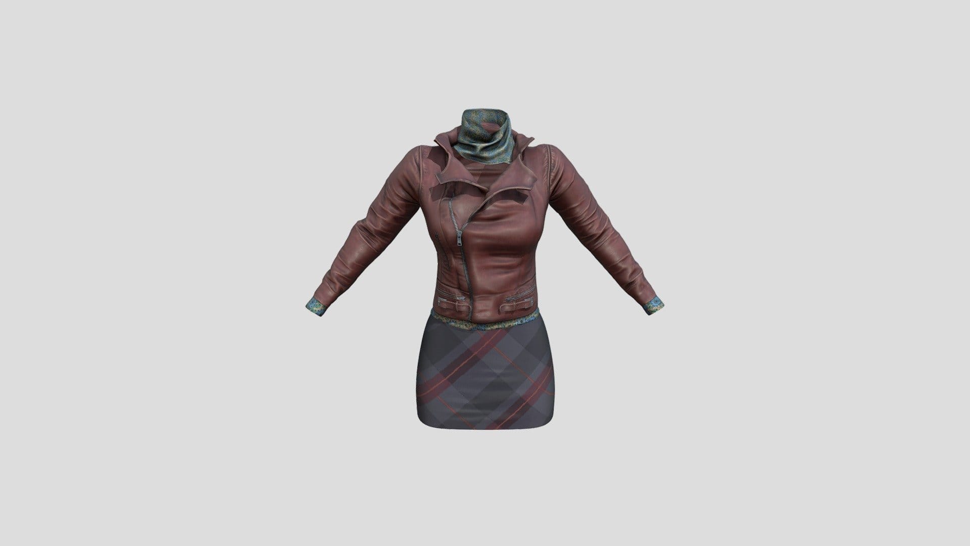 Brown Leather Biker Jacket Scarf Skirt Outfit
