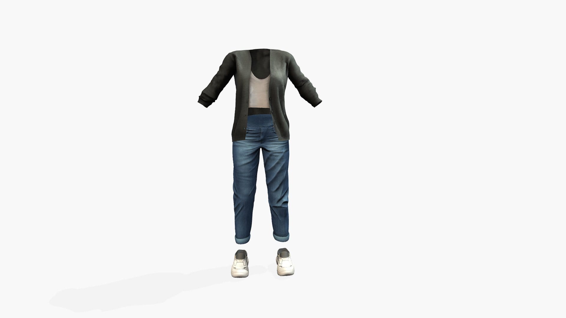 Cardigan Top Rolled Jeans Shoes Casual Outfit