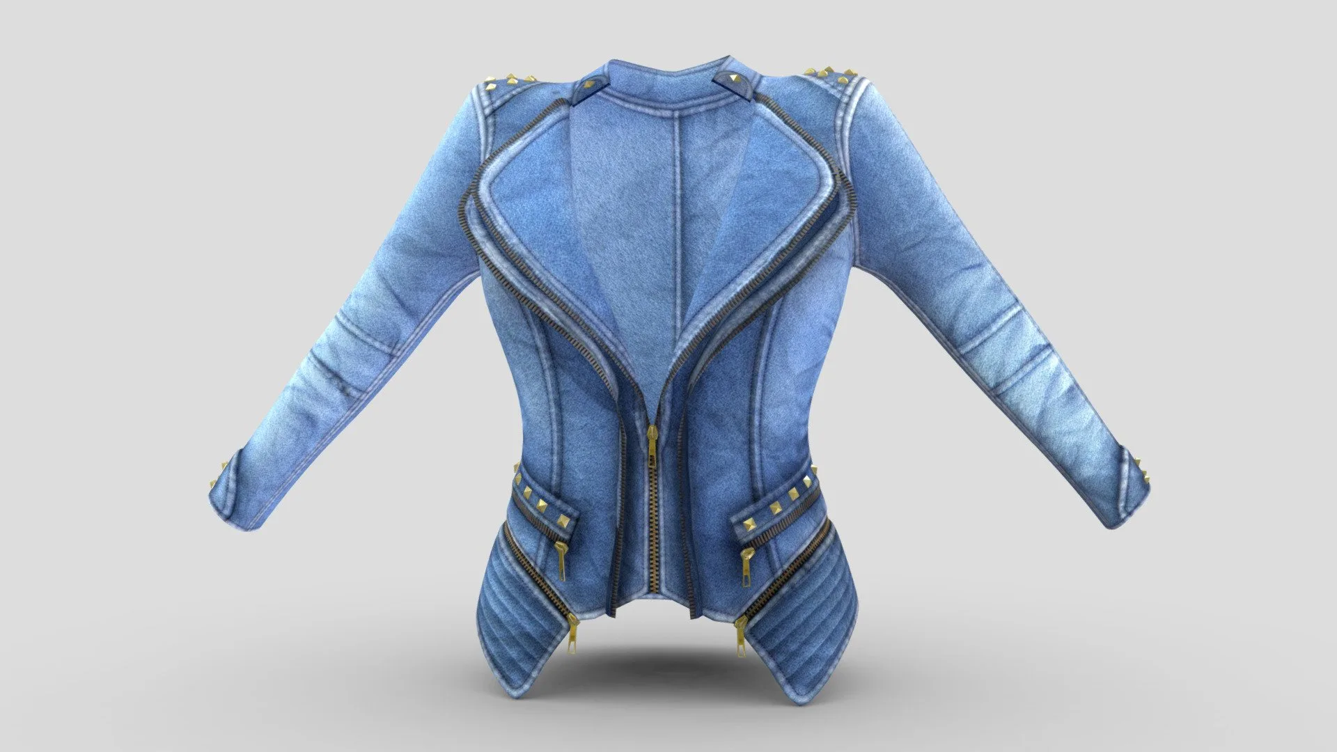 Double Lapel Zipped Up Denim Jacket With Rivets