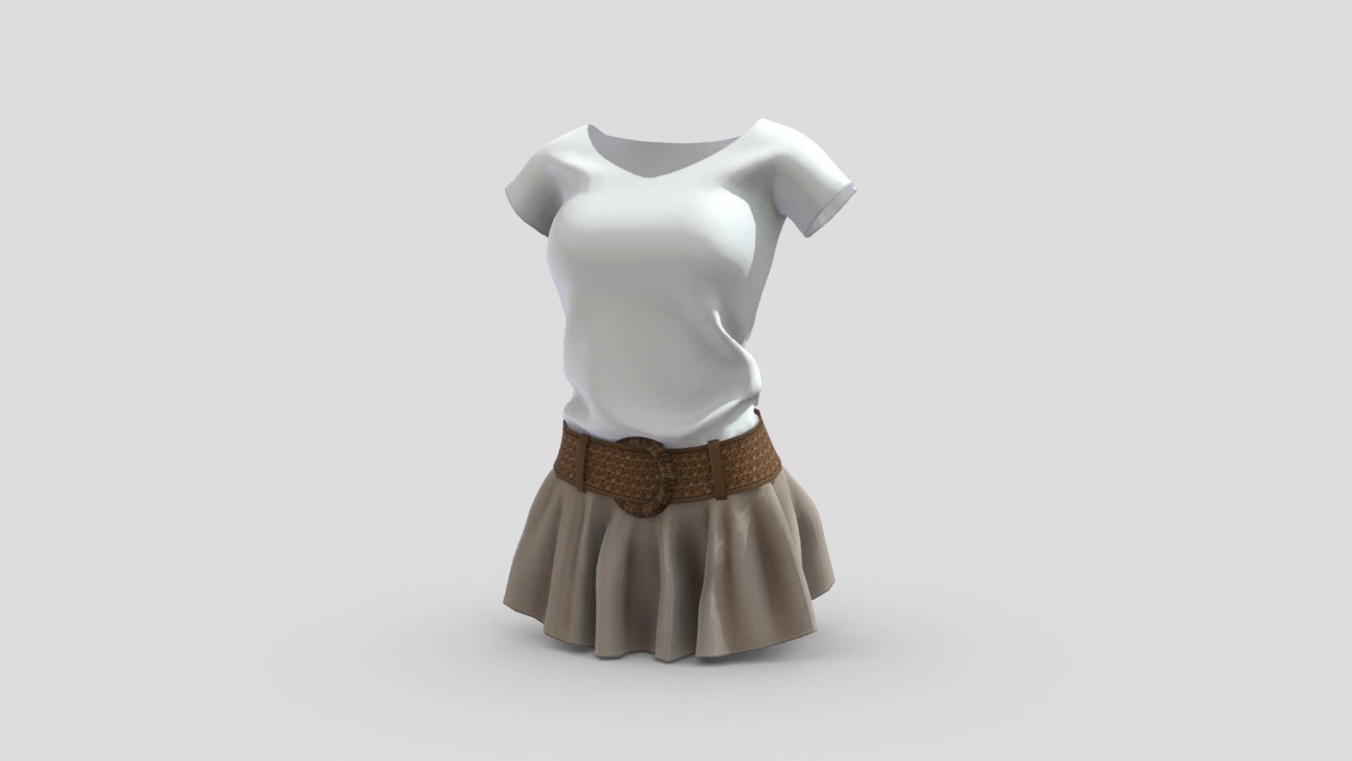 Female Mini Ruffled Skirt w Belt White Tshirt