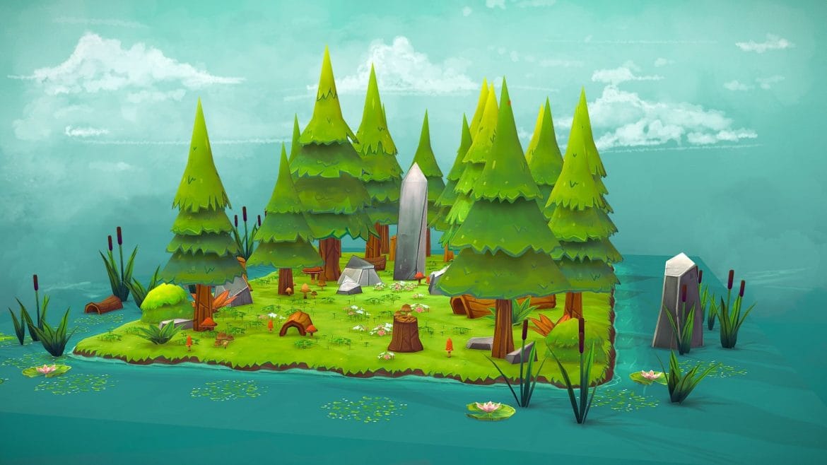 Forest Clearing 3d Model - Handpainted forest clearing 3D model with trees, bushes, and natural foliage for game environments.