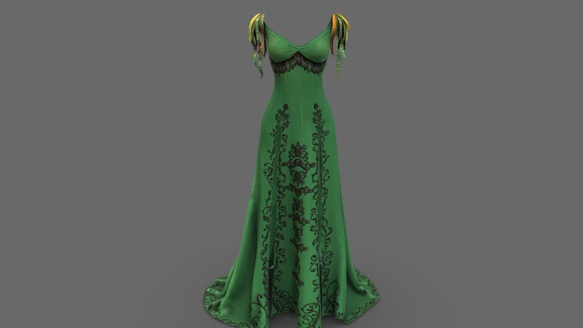 Long Green Dress 3d Model - Floor-length green dress 3D model with front slits, showcasing realistic PBR textures and clean topology.