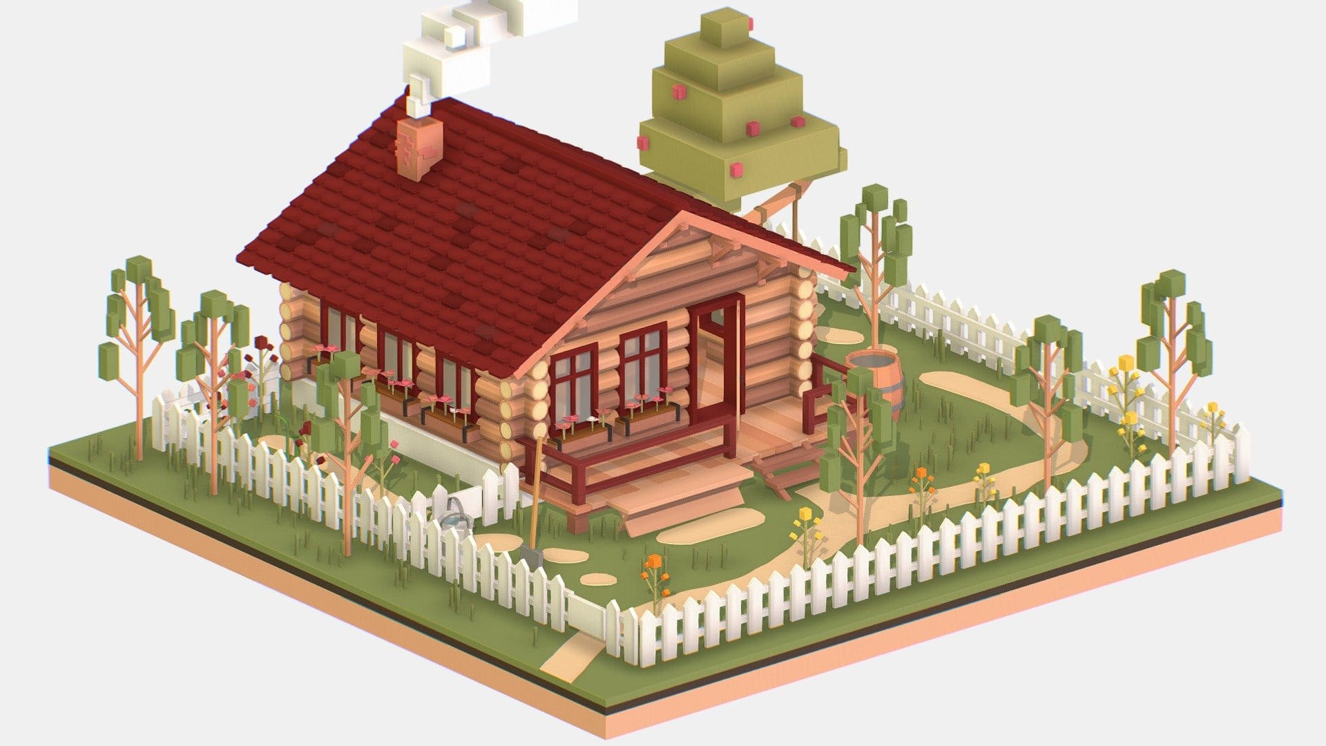 Isometric Village Wood Log House Cottage Garden
