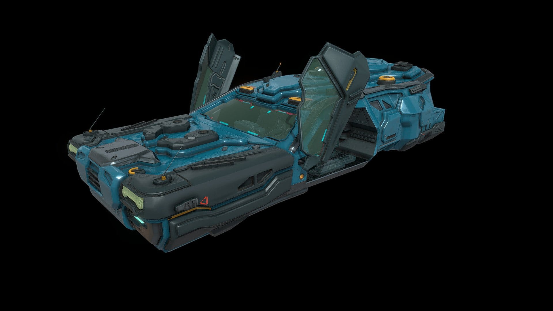 Low poly cyberpunk flying car with interior