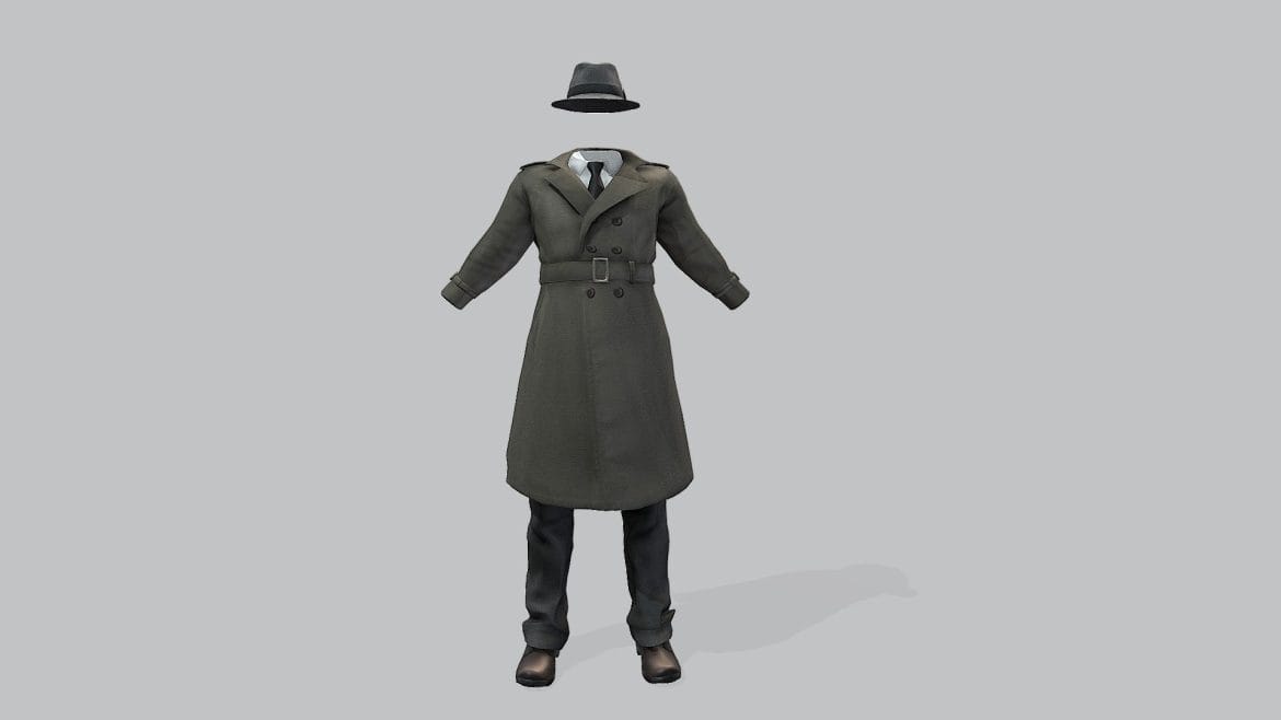 male inspector trench coat pants shoes hat 3d model