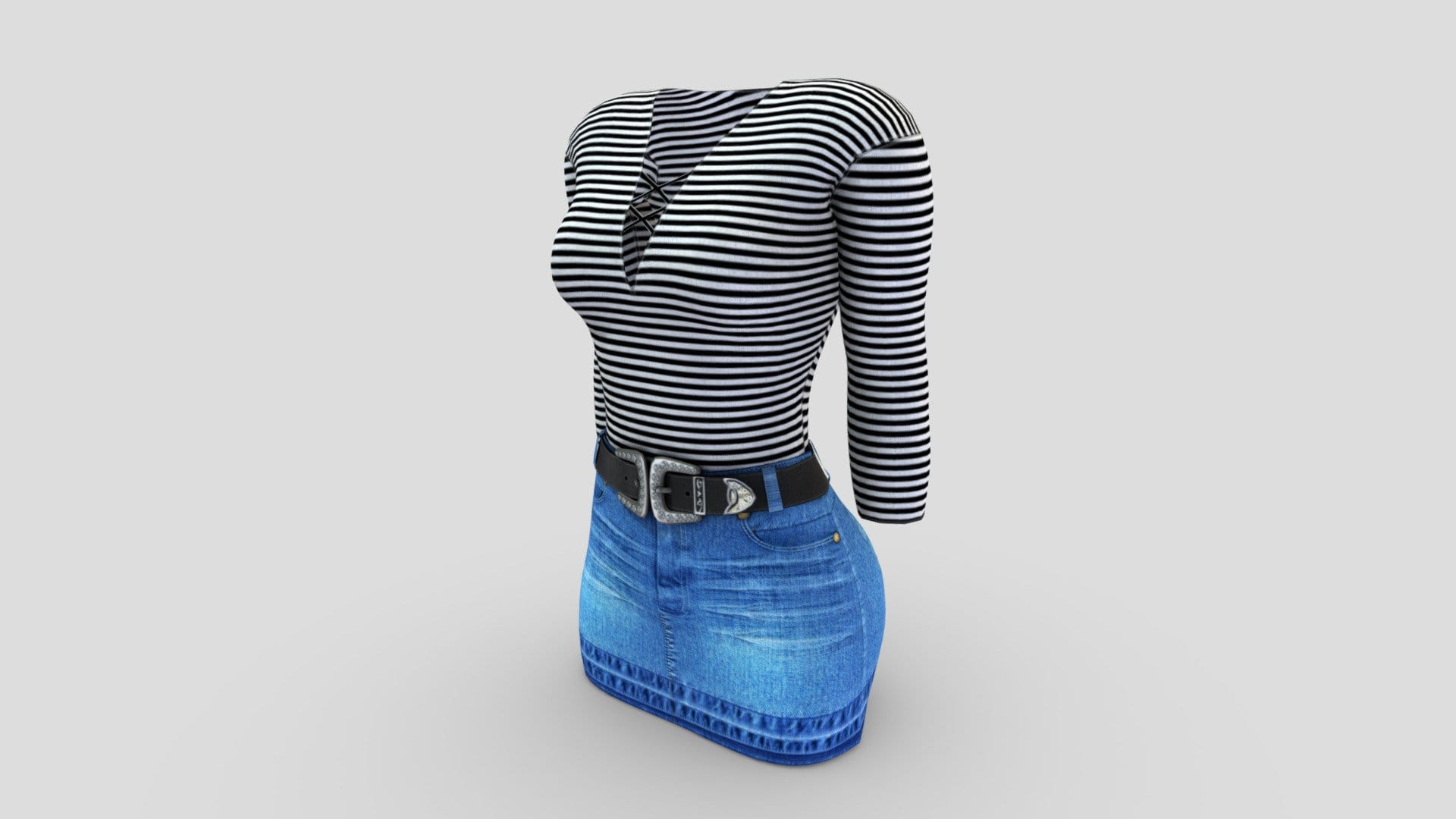 Mini Denim Skirt Belt Striped Top Female Outfit