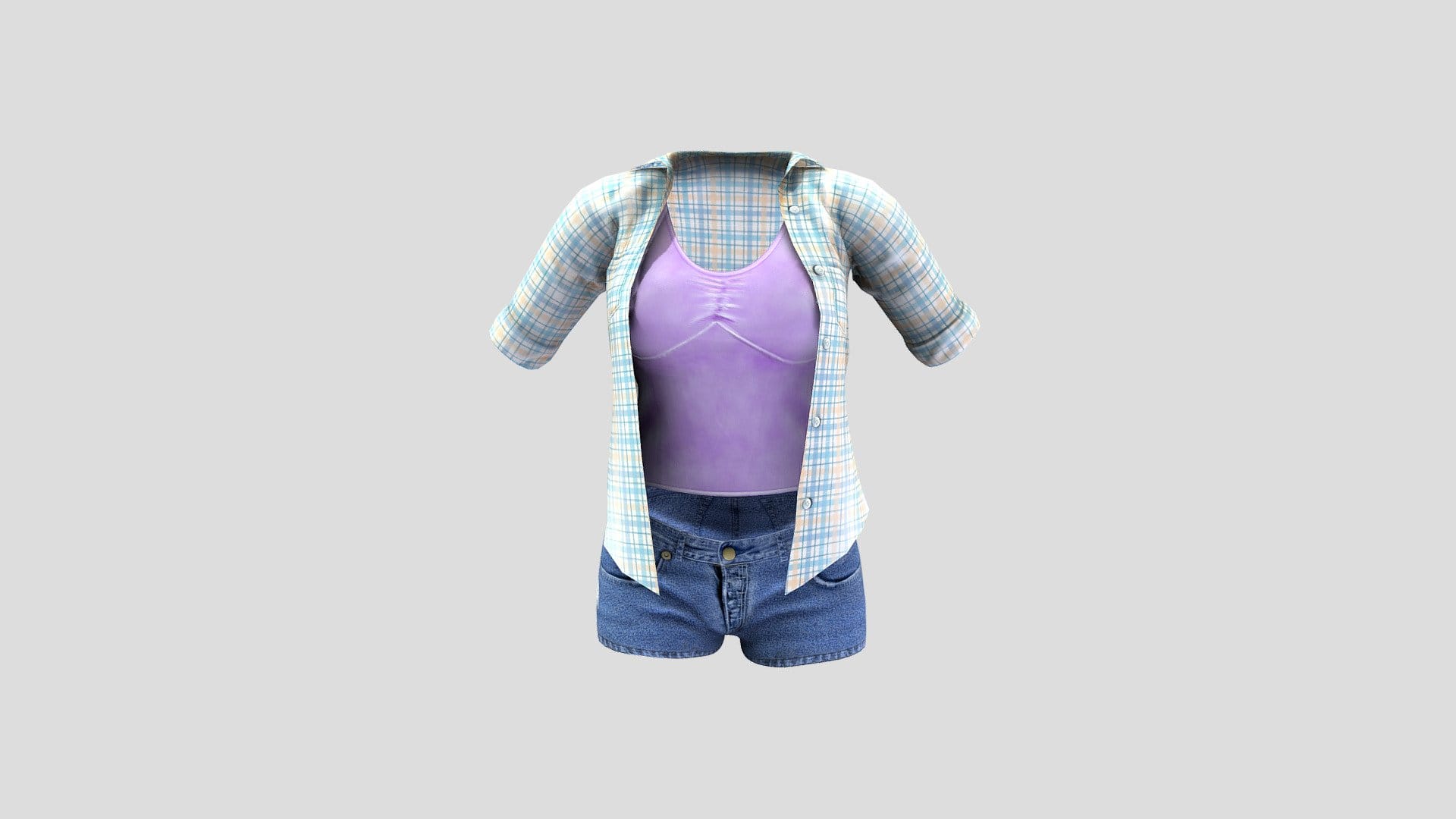 Open Shirt Crop Top Denim Shorts Teen Outfit
