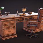 Antique Desk 3d Model - Antique wooden desk 3D model with classic design, drawers, and chair, featuring 4K textures and low poly count.