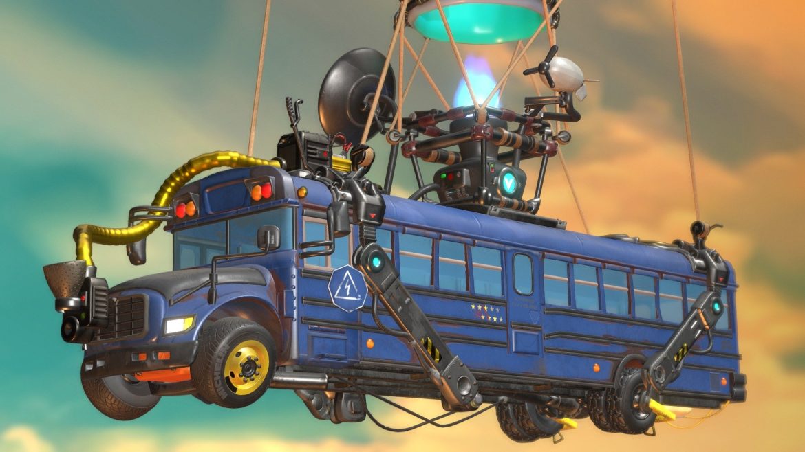 Battle Bus 3d Model - Stylized yellow battle bus 3d model with hot air balloon, inspired by popular game vehicle, high-quality asset for game development.