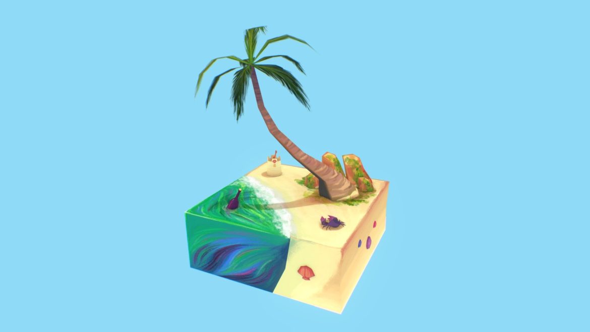 Floating Beach 3d Model - Floating beach 3D model diorama with calm ocean water, sandy shore, palm trees, and summer elements.