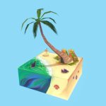 Floating Beach 3d Model - Floating beach 3D model diorama with calm ocean water, sandy shore, palm trees, and summer elements.