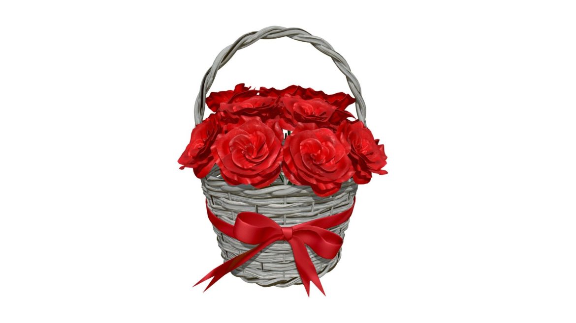 bouquet of red roses in wicker basket 3d model