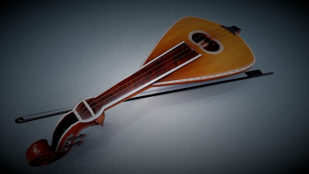 Cretan Lyra 3d Model - Highly detailed 3D model of a traditional Cretan lyra, a Greek bowed string instrument, showcasing its pear-shaped body and intricate scroll.