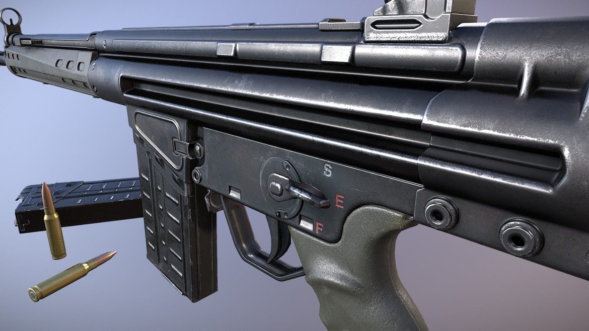 G3a3 Rifle 3d Model - G3A3 rifle 3D model with PBR textures, displayed in a game engine environment, showcasing realistic details and movable parts.