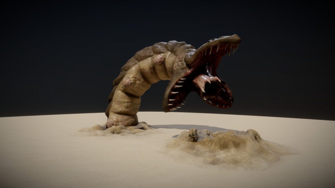 Giant Worm 3d Model - Giant worm 3D model emerging from subterranean depths, showcasing intricate detail and dynamic pose.