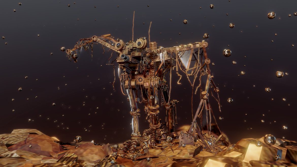 Google Blocks Robot 3d Model - A low-poly Google Blocks robot 3d model, depicted as a lonely automaton frozen in a desolate, cosmic environment, showcasing stylized sci-fi art.