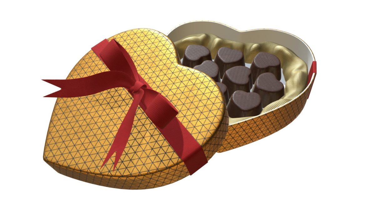 heart shaped box with chocolate and red bow 3d model