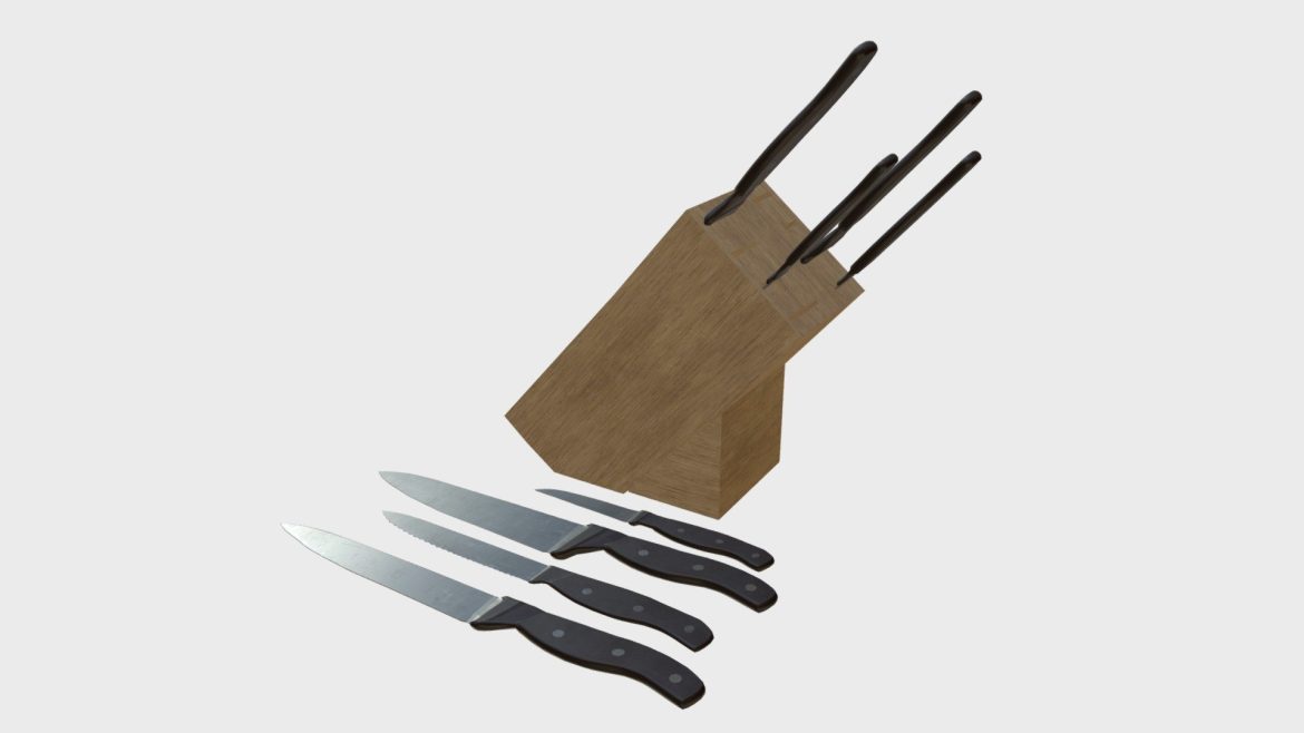 kitchen knives with wooden stand 3d model