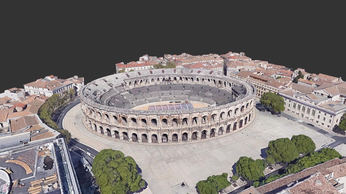 Arenes De Nimes 3d Model - Detailed 3D model of the Arenes de Nimes Roman amphitheater, showcasing its historical architecture and textures under clear skies.