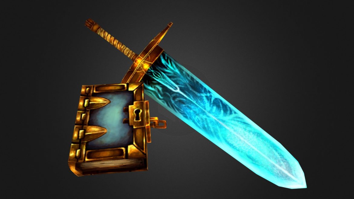 low poly magic sword and book 3d model