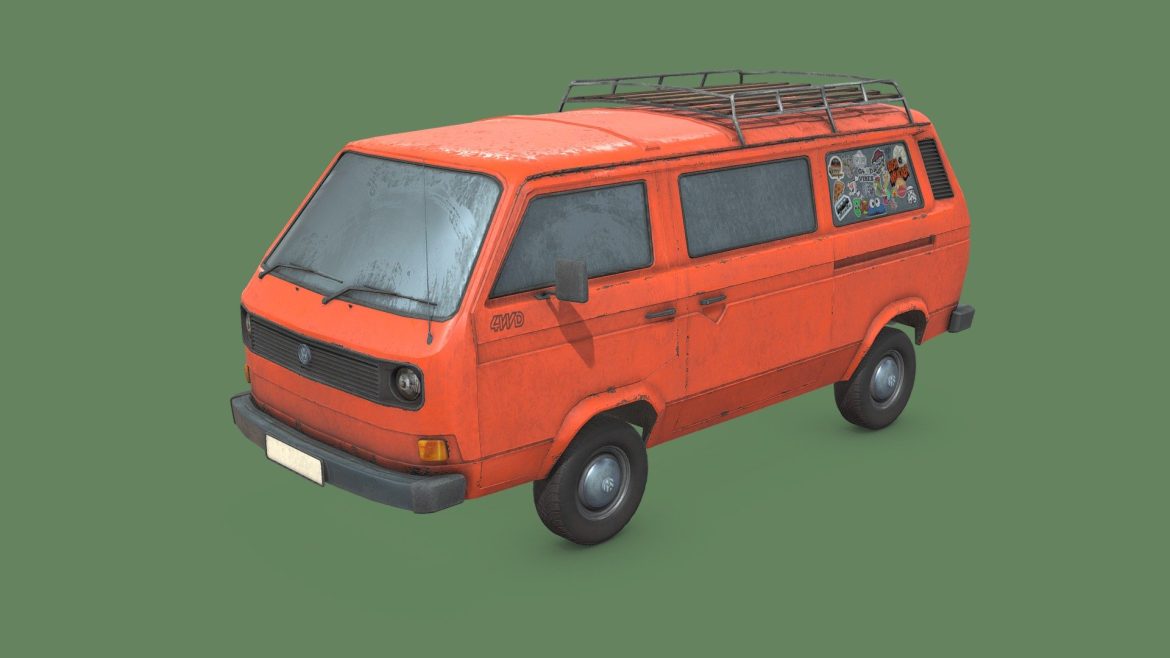 Vw T3 Syncro 3d Model - Highly detailed 3D model of a VW T3 Bus Syncro off-road vehicle with roof tent and expedition gear, showcasing its rugged design.