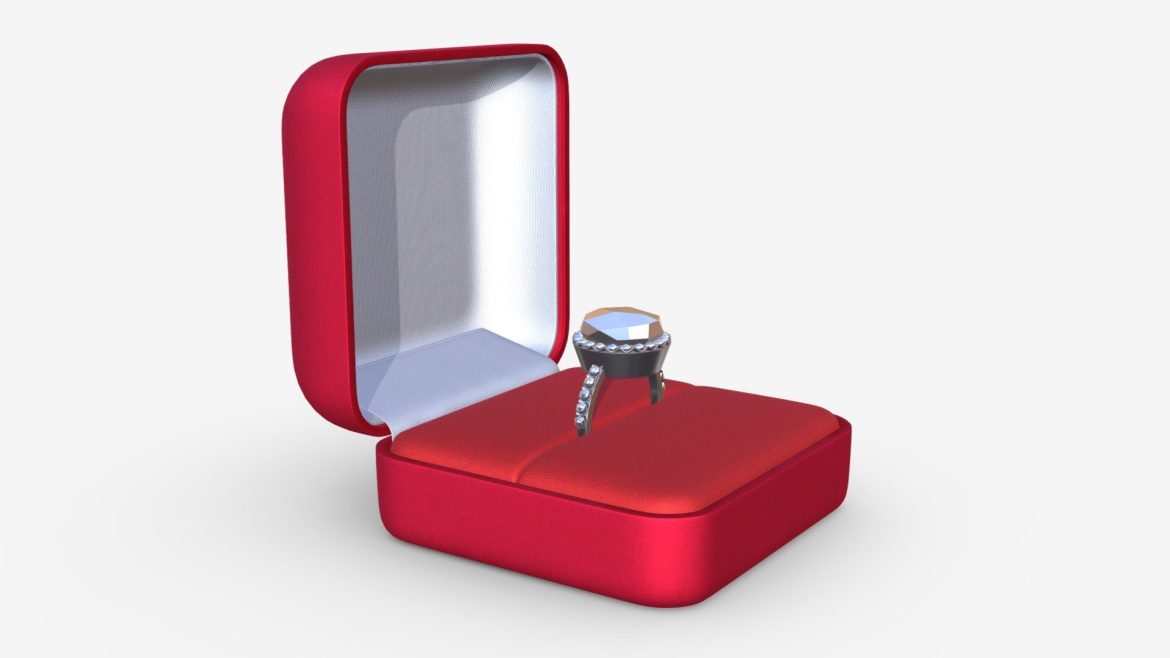 Wedding Ring 3d Model - High-detail 3D model of a wedding ring in an open square velvet box, showcasing a sparkling diamond and polished metal.