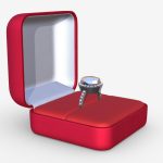 Wedding Ring 3d Model - High-detail 3D model of a wedding ring in an open square velvet box, showcasing a sparkling diamond and polished metal.