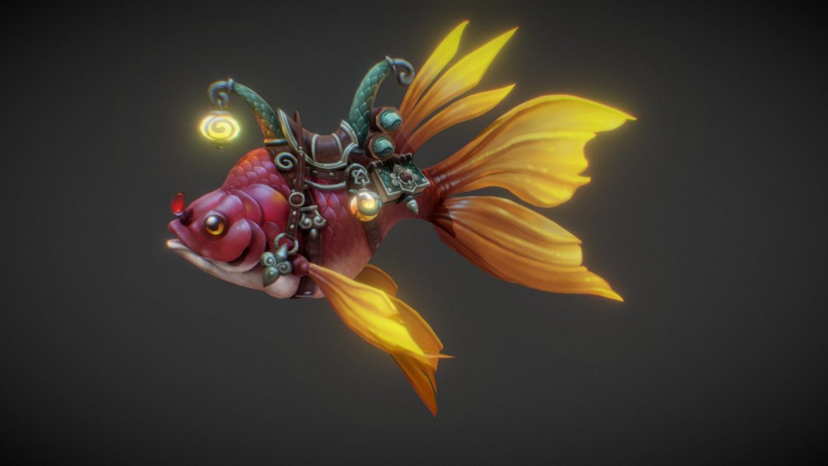 Mount Fish 3d Model - Stylized fantasy aquatic creature Mount Fish 3D model, featuring vibrant scales, flowing fins, and a distinctive saddle, ready for game integration.