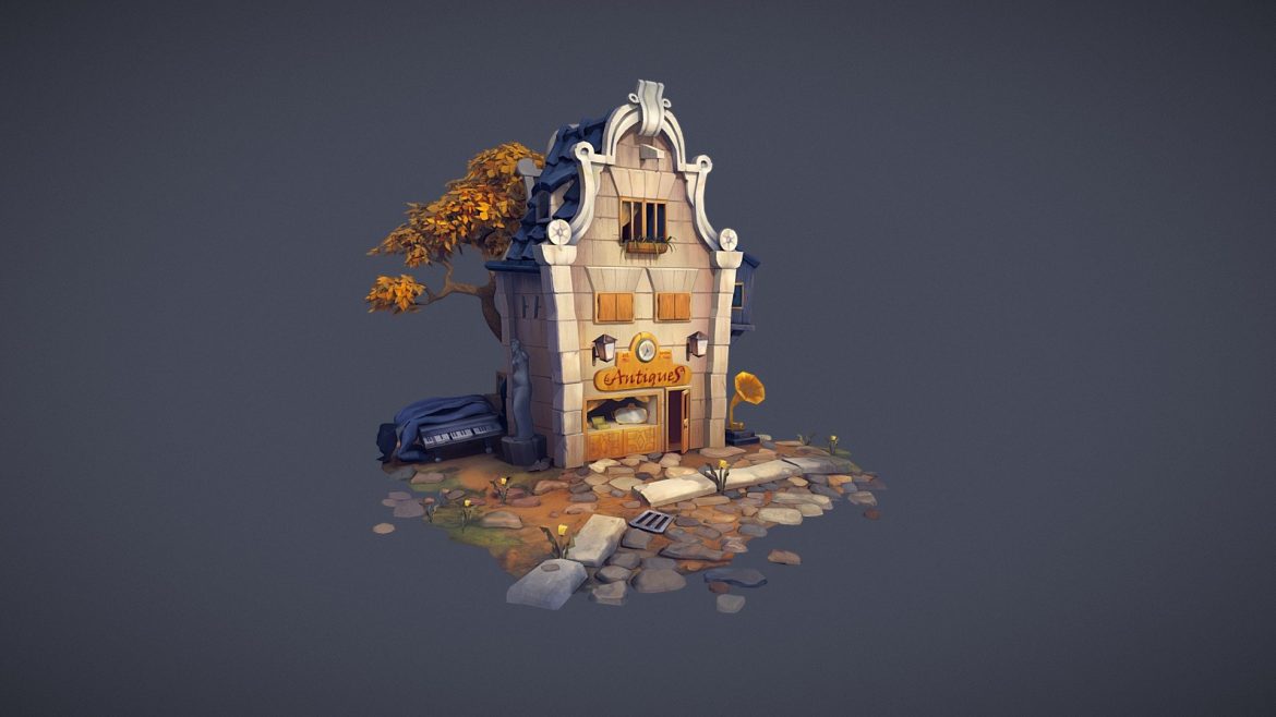 Antique Shop 3d Model - Detailed 3D model of a charming antique shop storefront with vintage displays and historic architecture, ideal for game environments or architectural visualization.