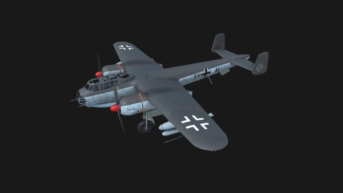 Dornier Do217 E5 3d Model - Detailed 3D model of a Dornier Do-217 E5 bomber with two Hs-293 anti-ship missiles mounted under its wings, showcasing its distinctive camouflage and historical accuracy.