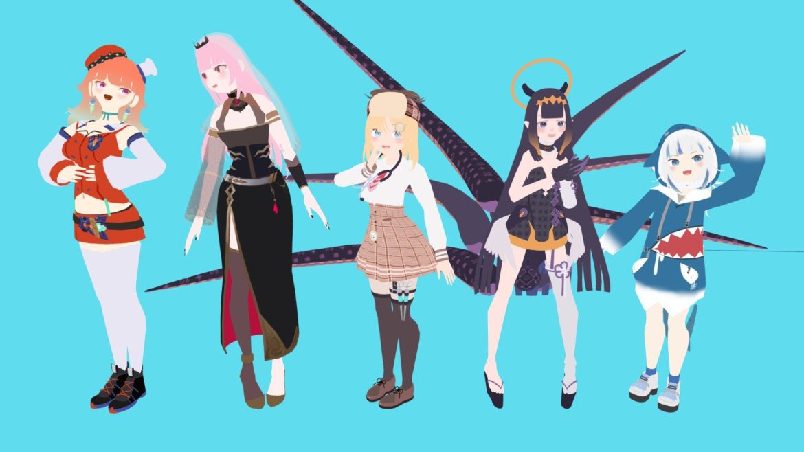 Hololive English 3d Model - Hololive English VTuber fan 3D models of Kiara, Calli, Ame, Ina, and Gura in a group pose