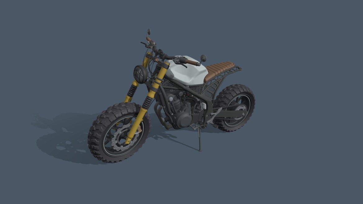 Honda Cb500f Scrambler 3d Model - A high-detail 3D model of a custom Honda CB500f scrambler motorcycle with knobby tires.