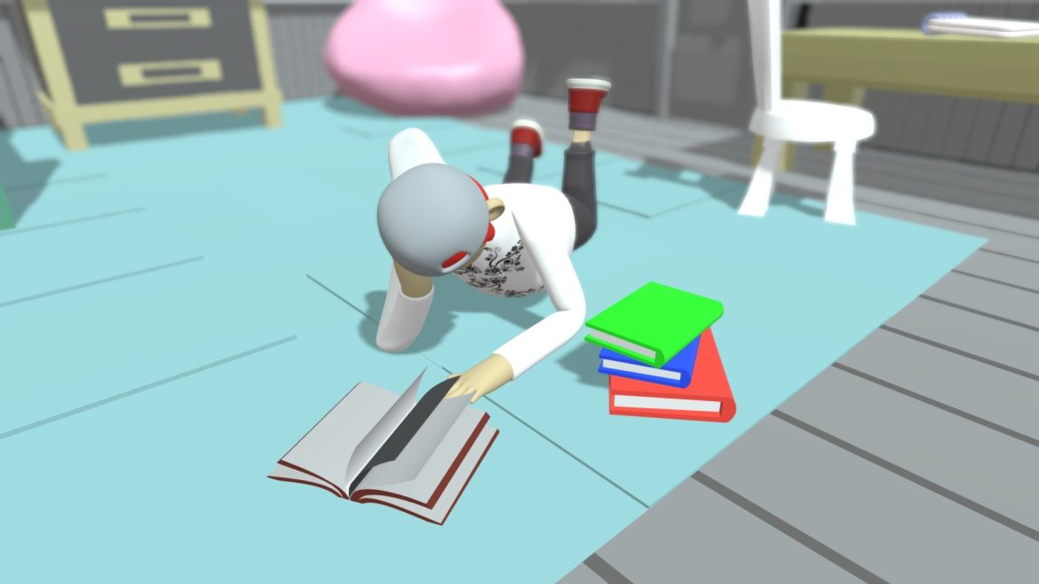 low poly character is reading 3d model