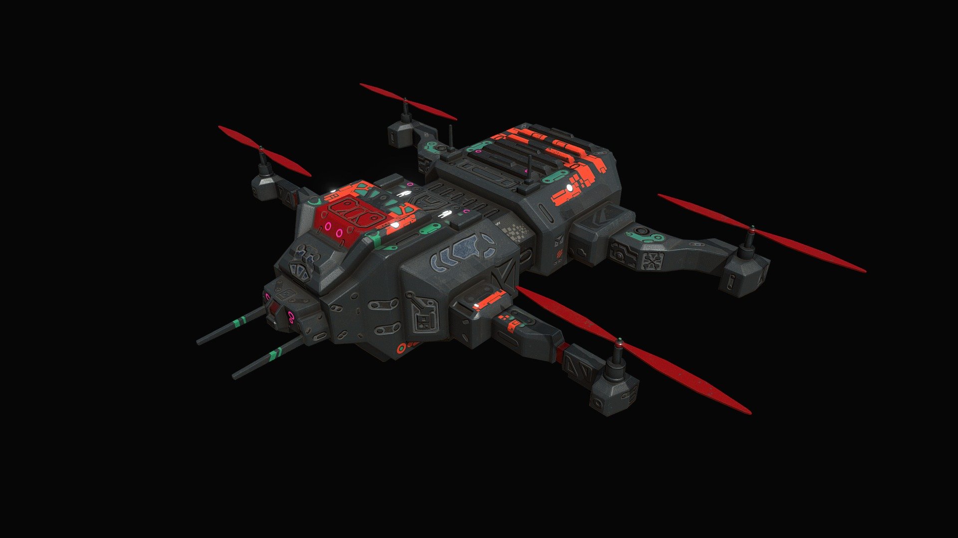 Low poly futuristic military quadcopter