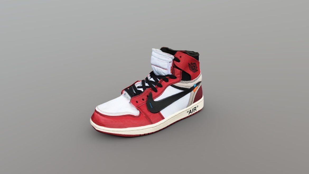 Off White Jordan 3d Model - High-fidelity 3D model of the iconic Off-White x Nike Air Jordan 1 shoe, showcasing its detailed textures and deconstructed design.