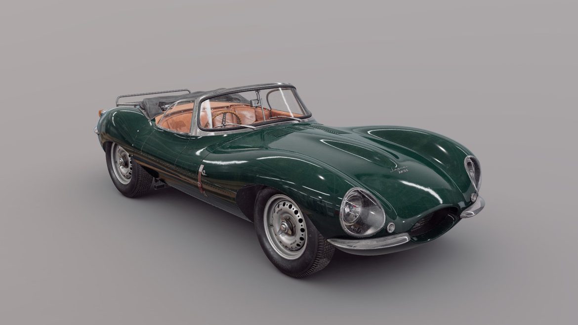 Jaguar Xkss 3d Model - Highly detailed 1957 Jaguar XKSS 3d model, showcasing its iconic design and wire wheels.