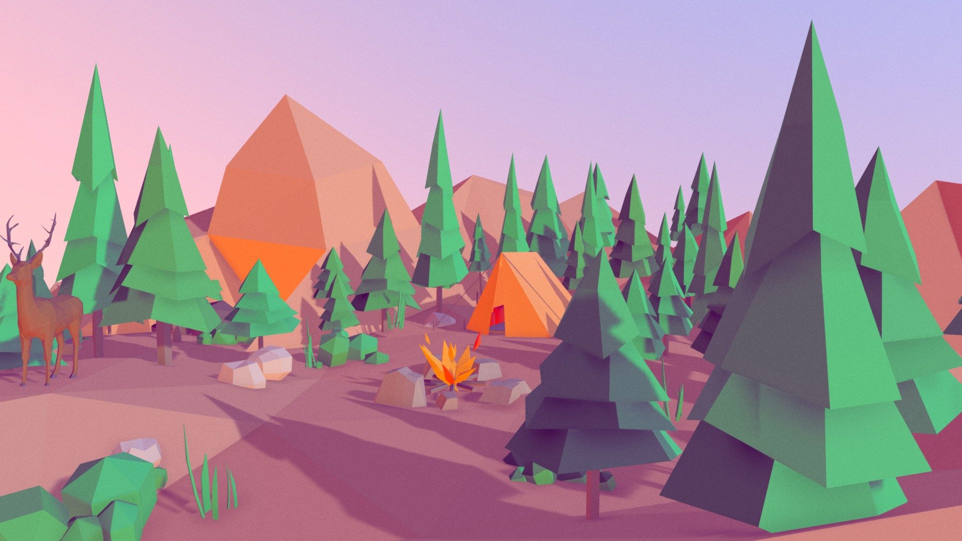Cartoon Low Poly Forest Island Camp