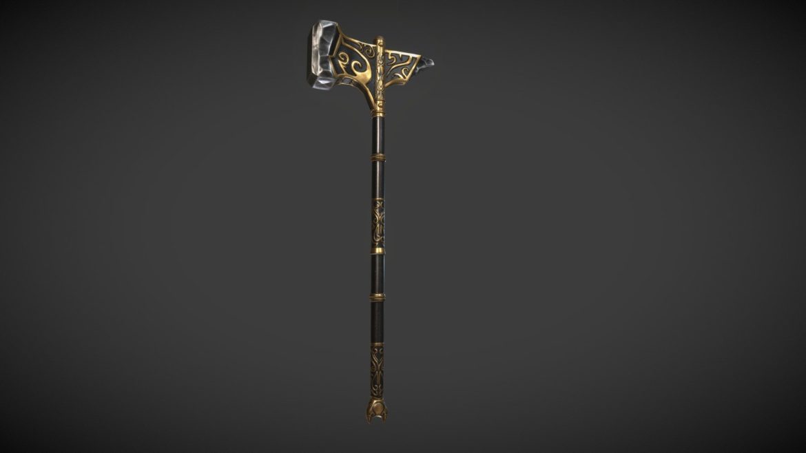 Ebony War Hammer 3d Model - High-detail 3D render of the Ebony War Hammer from TES Skyblivion, showcasing its dark metallic finish and golden accents.