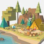 isometric campsite near a river, mountain